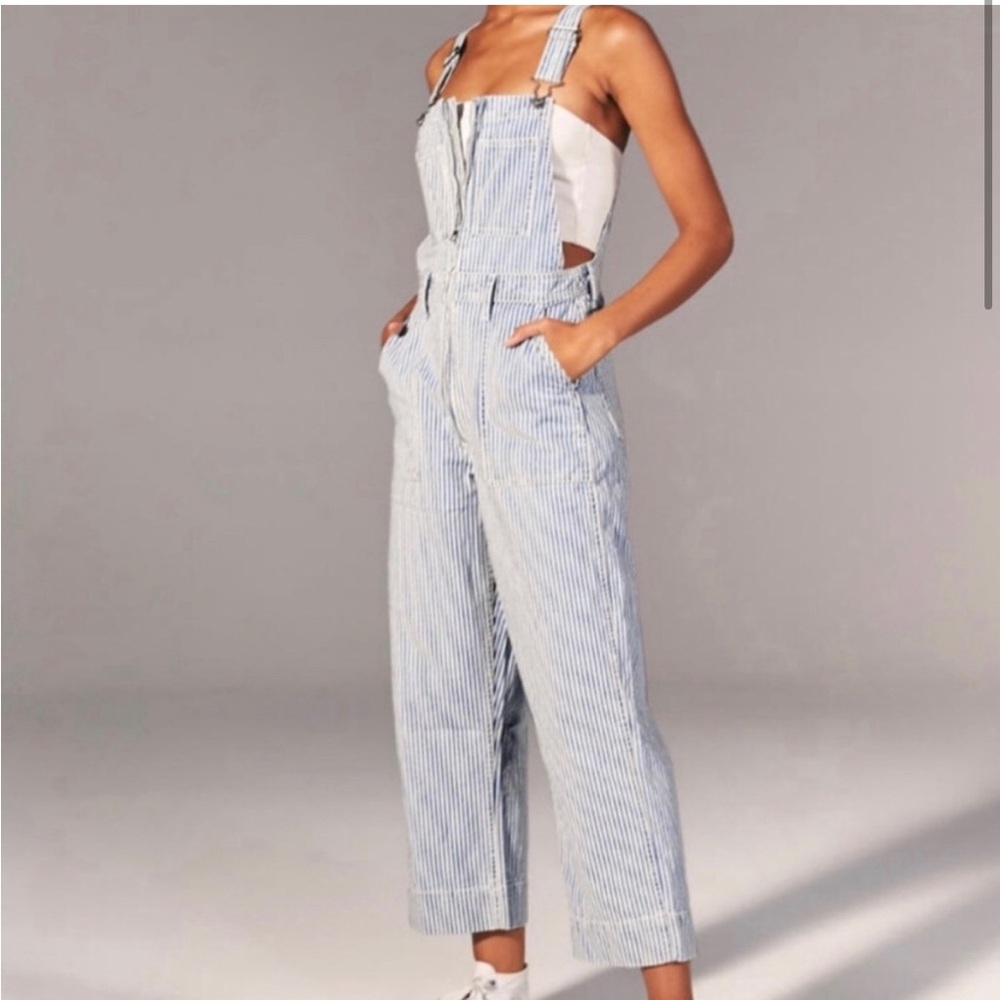 Abercrombie & Fitch Light Blue & White Striped Cotton Overalls Jumpsuit